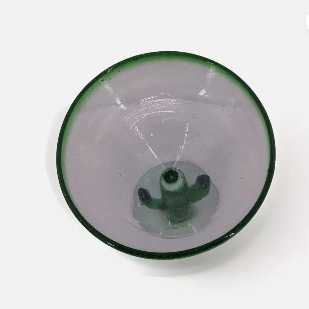 Handblown Mexican Margarita Green Rim Bubble Glass Cactus Stem